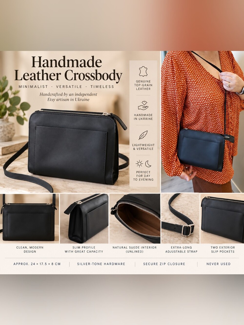 Small Matte Leather Crossbody Bag in Black, NWOT
